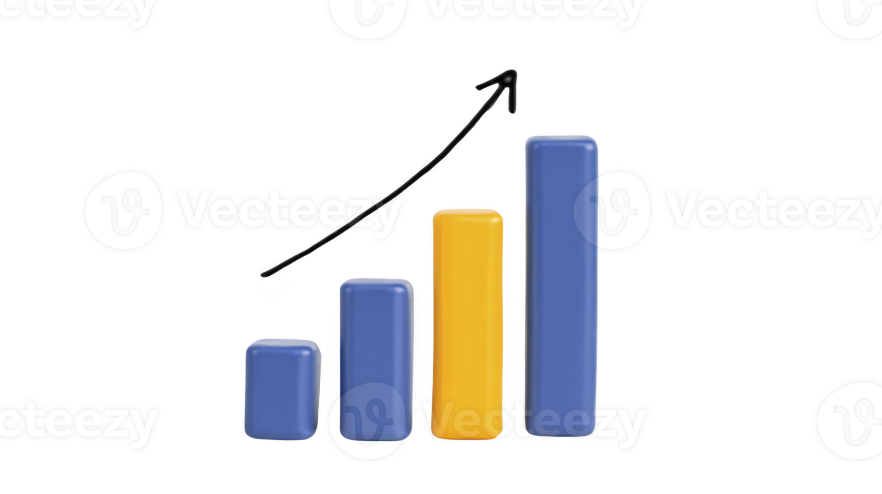 3D bar chart with three vertical bars, two blue and one yellow, represents growth or progress. An upward arrow above bars indicates increase or positive trend png