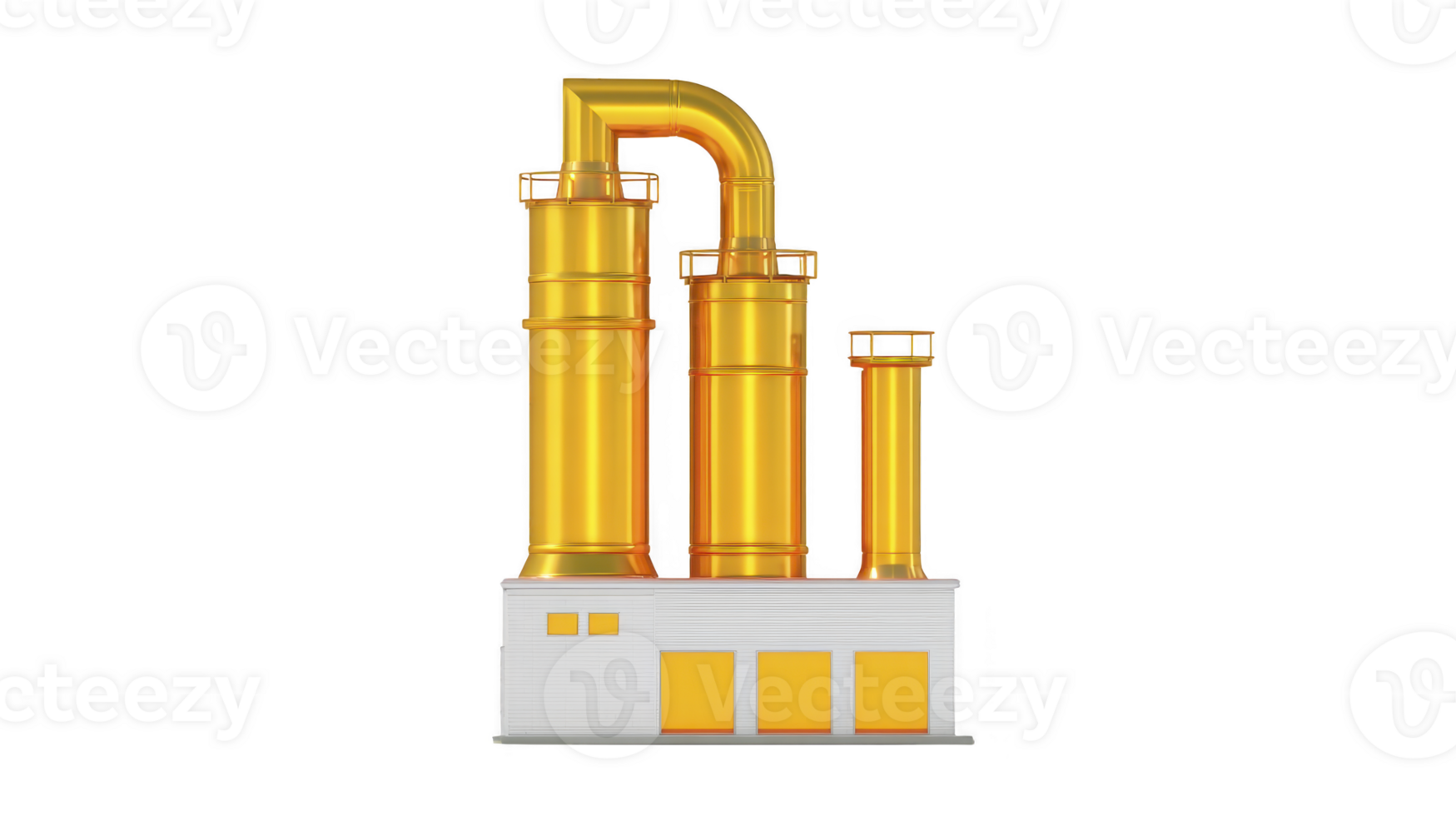 Digital illustration of stylized factory with tall, golden chimneys and white base, representing industrial architecture. design is sleek and modern, emphasizing clean lines and vibrant colors png