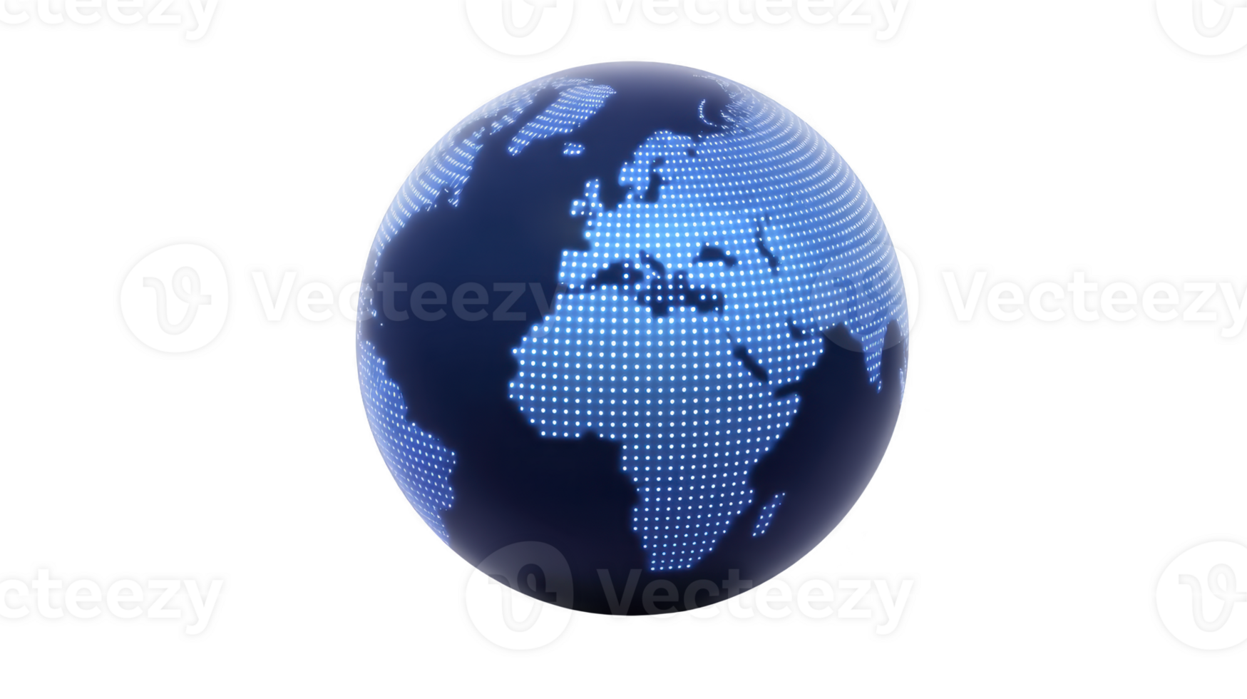 Digital globe with dotted pattern highlights continents in futuristic style, emphasizing technology and global connectivity. blue and black color scheme adds modern touch png