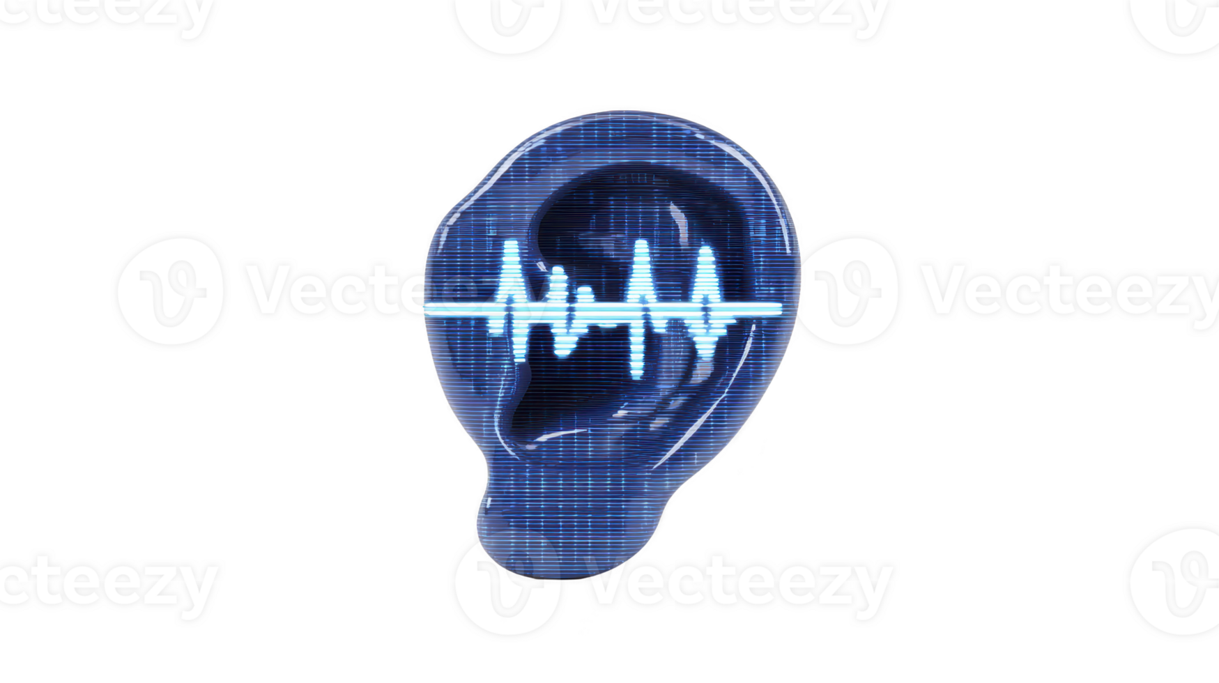 Digital illustration of blue ear with soundwave pattern across it, symbolizing audio technology and communication. image conveys futuristic and technological theme png