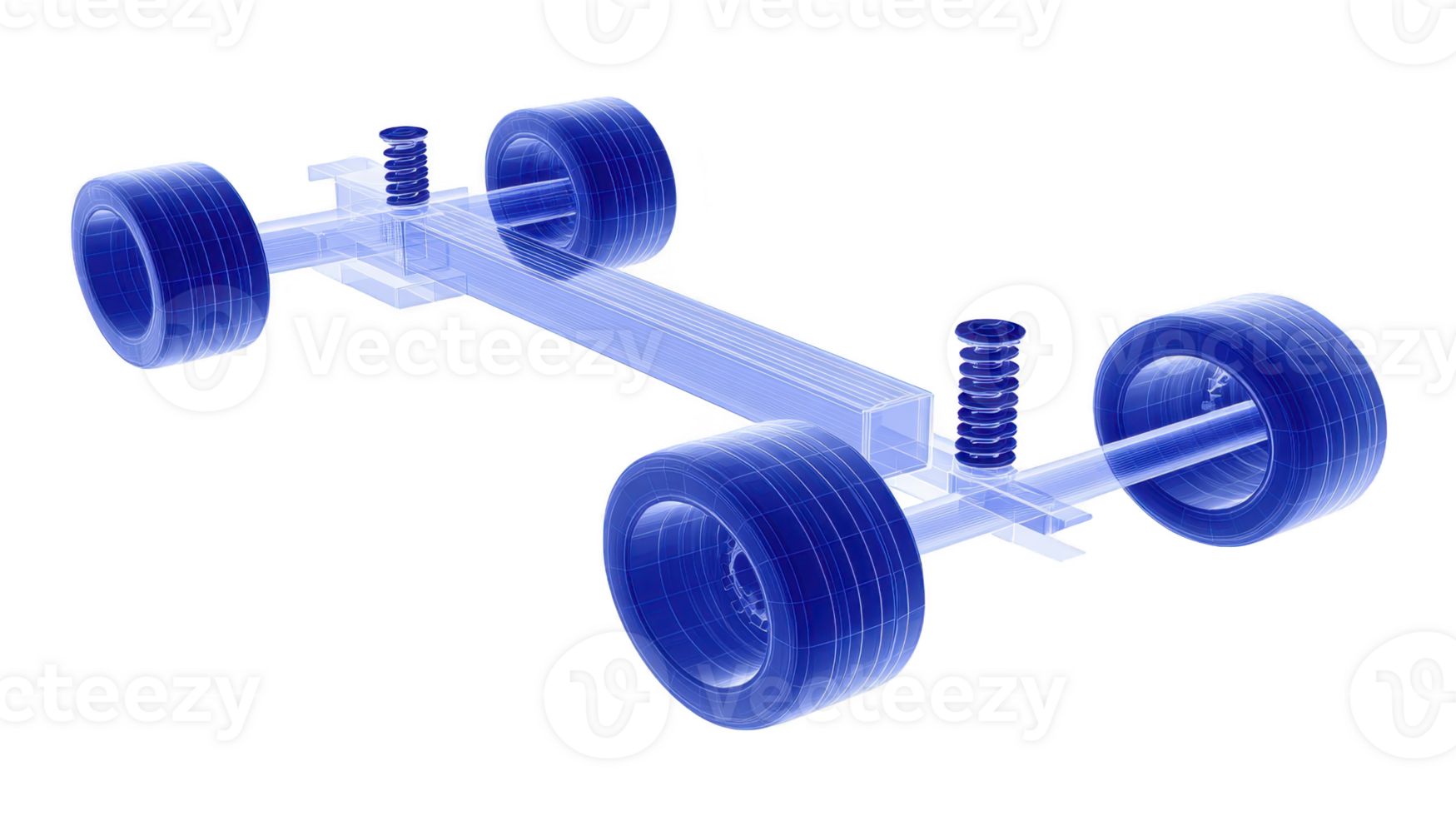 Digital rendering of car chassis with visible suspension and wheels, showcasing transparent, blue tinted design. image highlights technical aspects of automotive engineering png