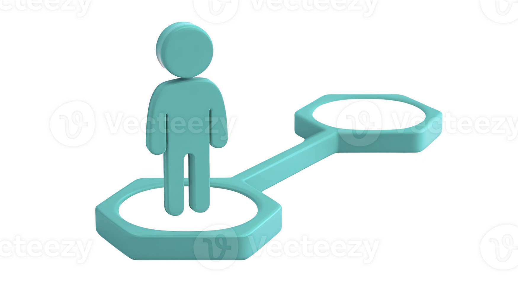 Teal 3D icon of person stands on connected platform, symbolizing networking or connection. design is simple and modern, with focus on connectivity and interaction png