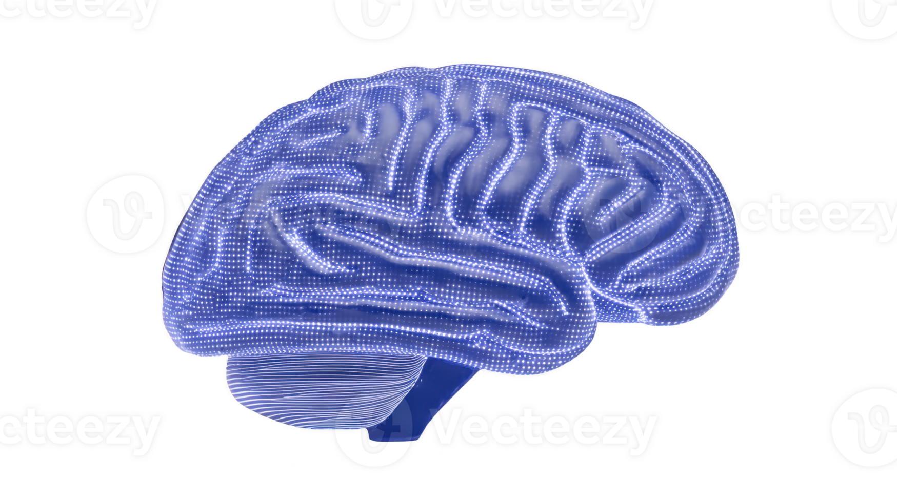 Digital illustration of human brain with glowing blue lines and dots, representing neural connections and technology. image conveys futuristic and scientific theme png
