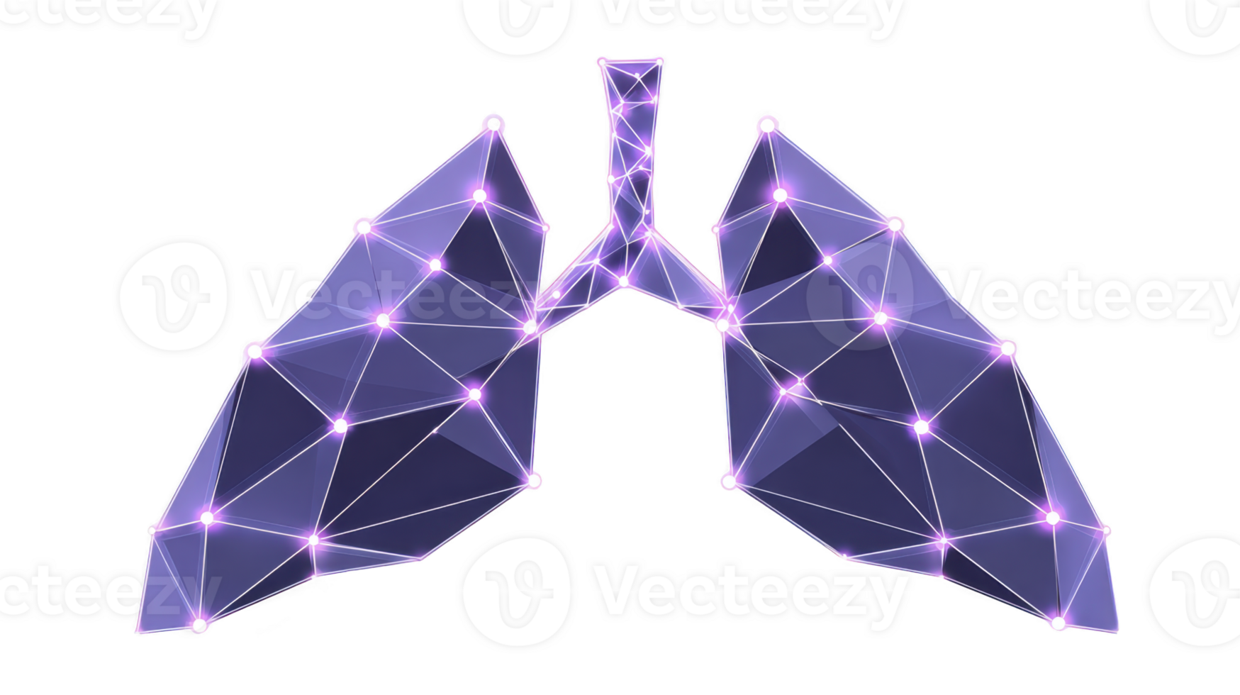 Digital illustration of human lungs with network of glowing purple nodes and lines, symbolizing connectivity and technology. abstract design conveys futuristic and innovative feel png