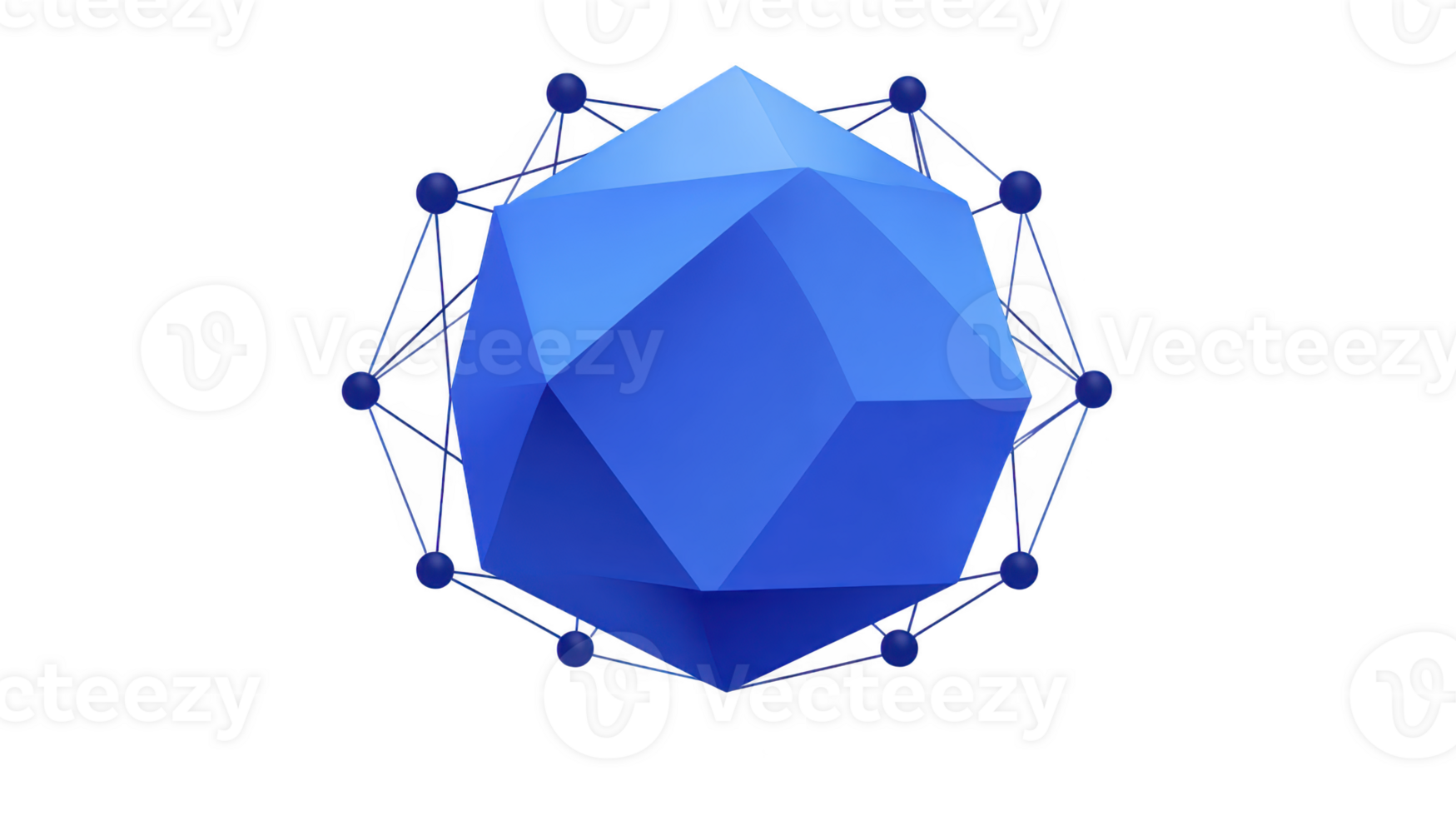 Blue geometric shape, resembling polyhedron, is surrounded by interconnected nodes, symbolizing network or digital connectivity. design is modern and abstract, evoking sense of technology png