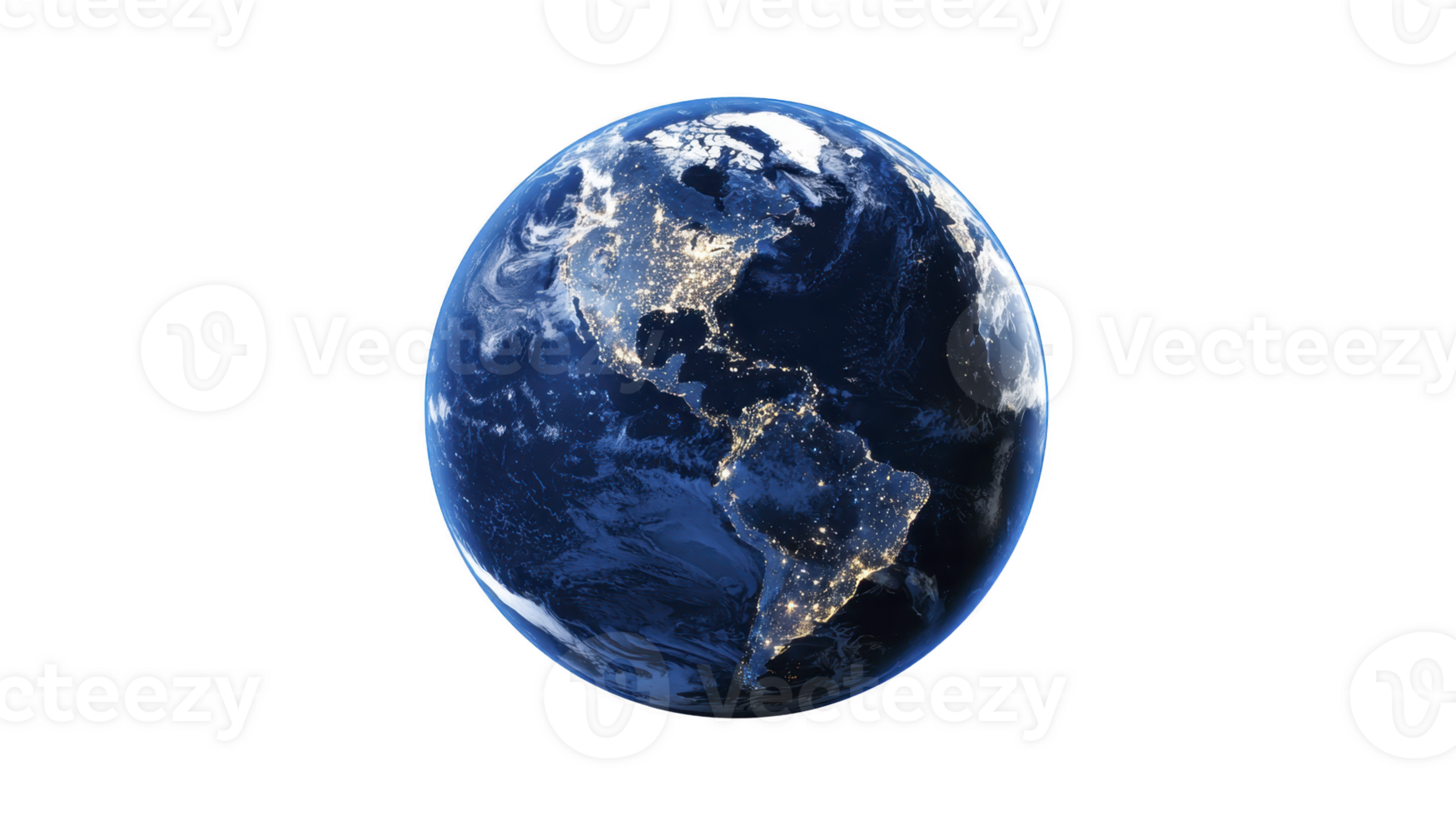 Stunning view of Earth from space, showcasing illuminated city lights across continents against dark backdrop of night. vibrant blue oceans and swirling white clouds add to planet beauty png