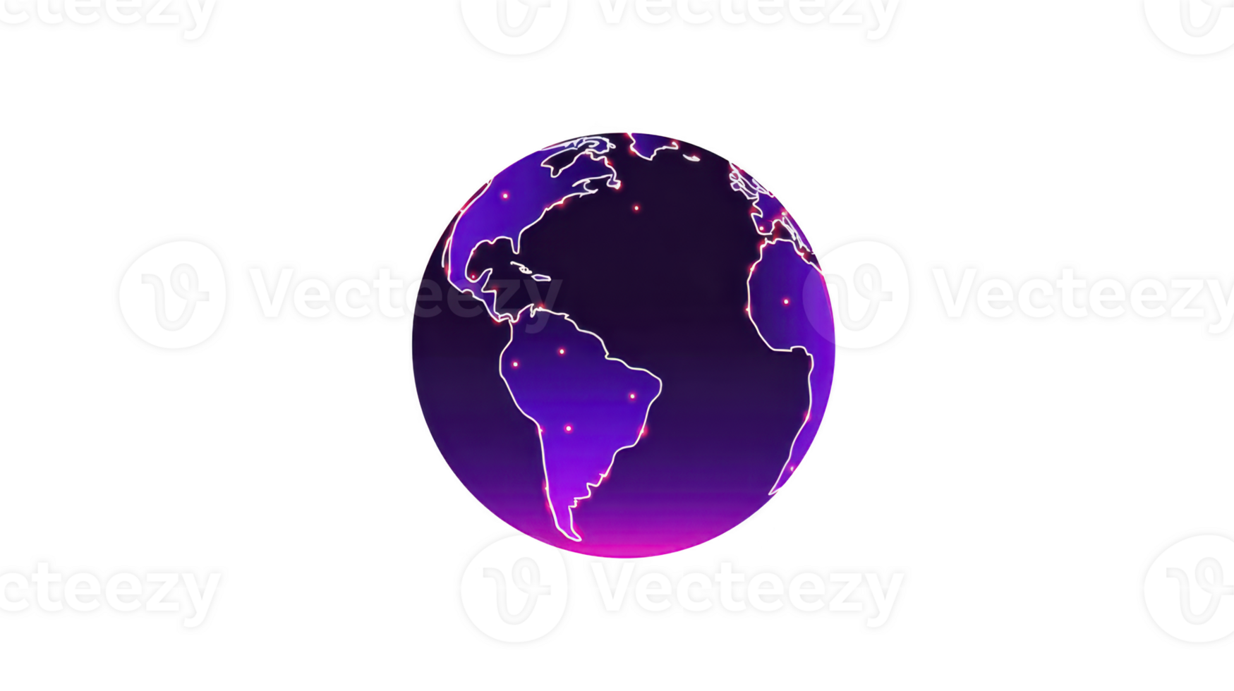 Glowing purple globe with highlighted continents and dots represents global connectivity and technology. vibrant colors and digital style convey futuristic and interconnected world png