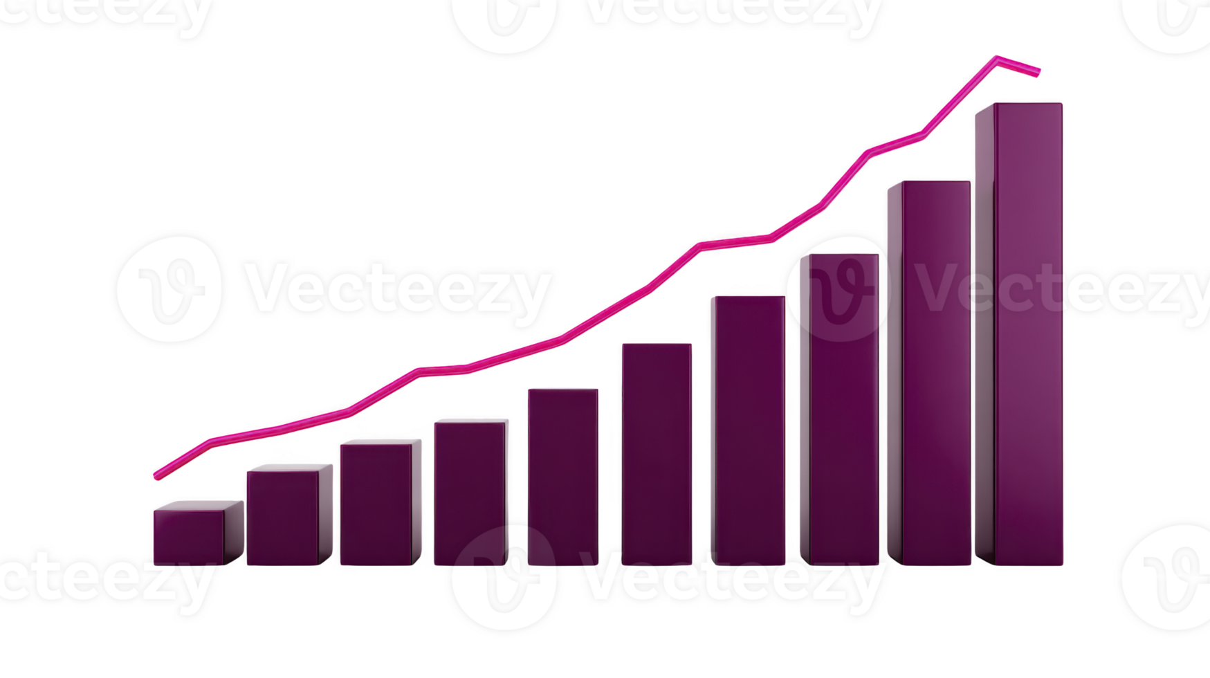 3D bar chart with pink line graph overlay shows increasing data trends, illustrating growth and progress. bars are purple, and line graph adds dynamic element to visual representation png
