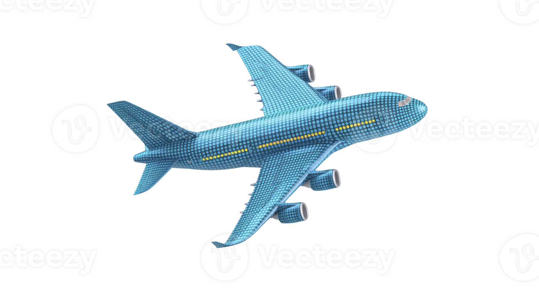 Blue airplane with pixelated design flies through air, showcasing modern and digital aesthetic. aircraft features four engines and sleek body, emphasizing innovation and technology png