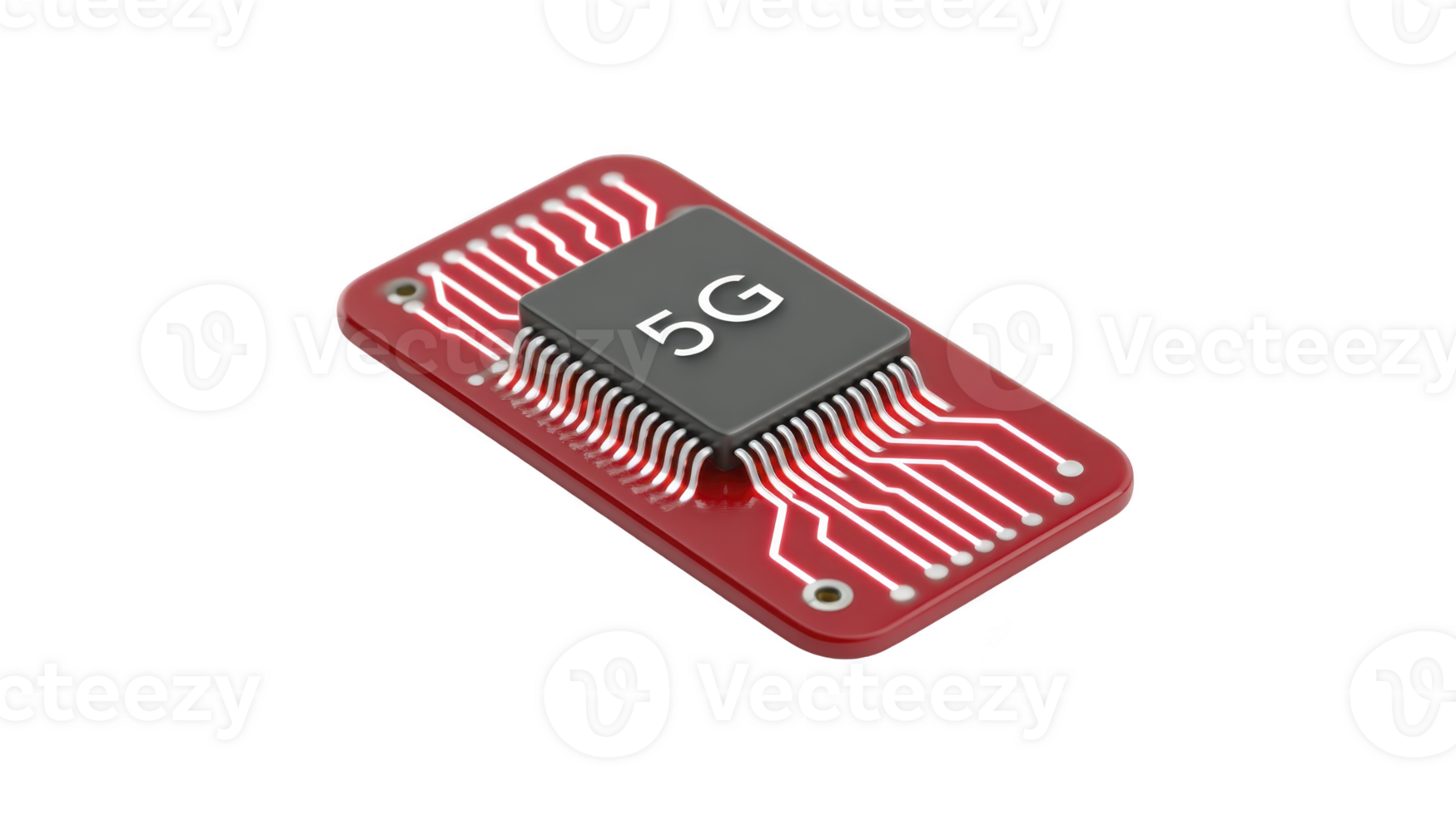 5G microchip on red circuit board symbolizes advanced technology and connectivity. intricate design highlights complexity and innovation in modern electronics png