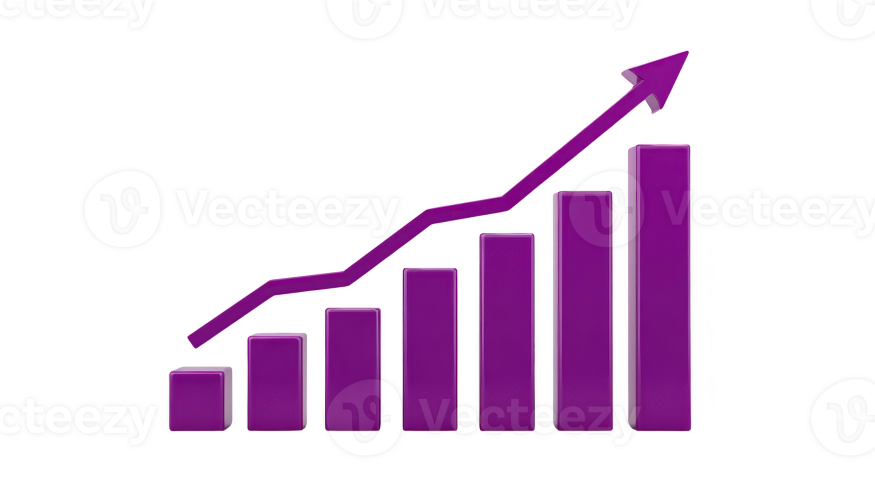 Purple 3D bar graph with upward trend arrow symbolizes growth and success in business or finance. bars increase in height from left to right, indicating positive progress png