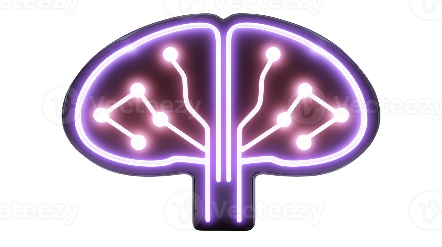 Glowing neon sign in shape of brain with circuit like patterns symbolizes fusion of technology and intelligence. vibrant purple and white colors create futuristic and innovative feel png