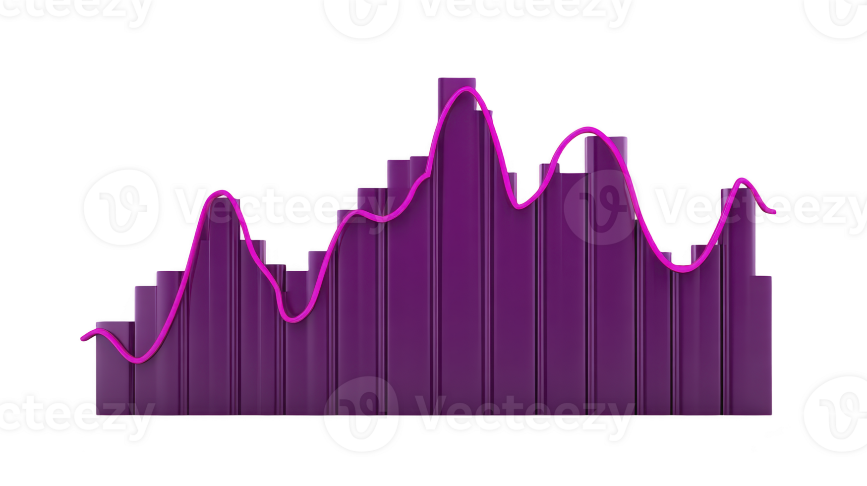 3D purple bar graph with pink line graph overlay represents data analysis and trends. vibrant colors and modern design convey sense of innovation and progress png