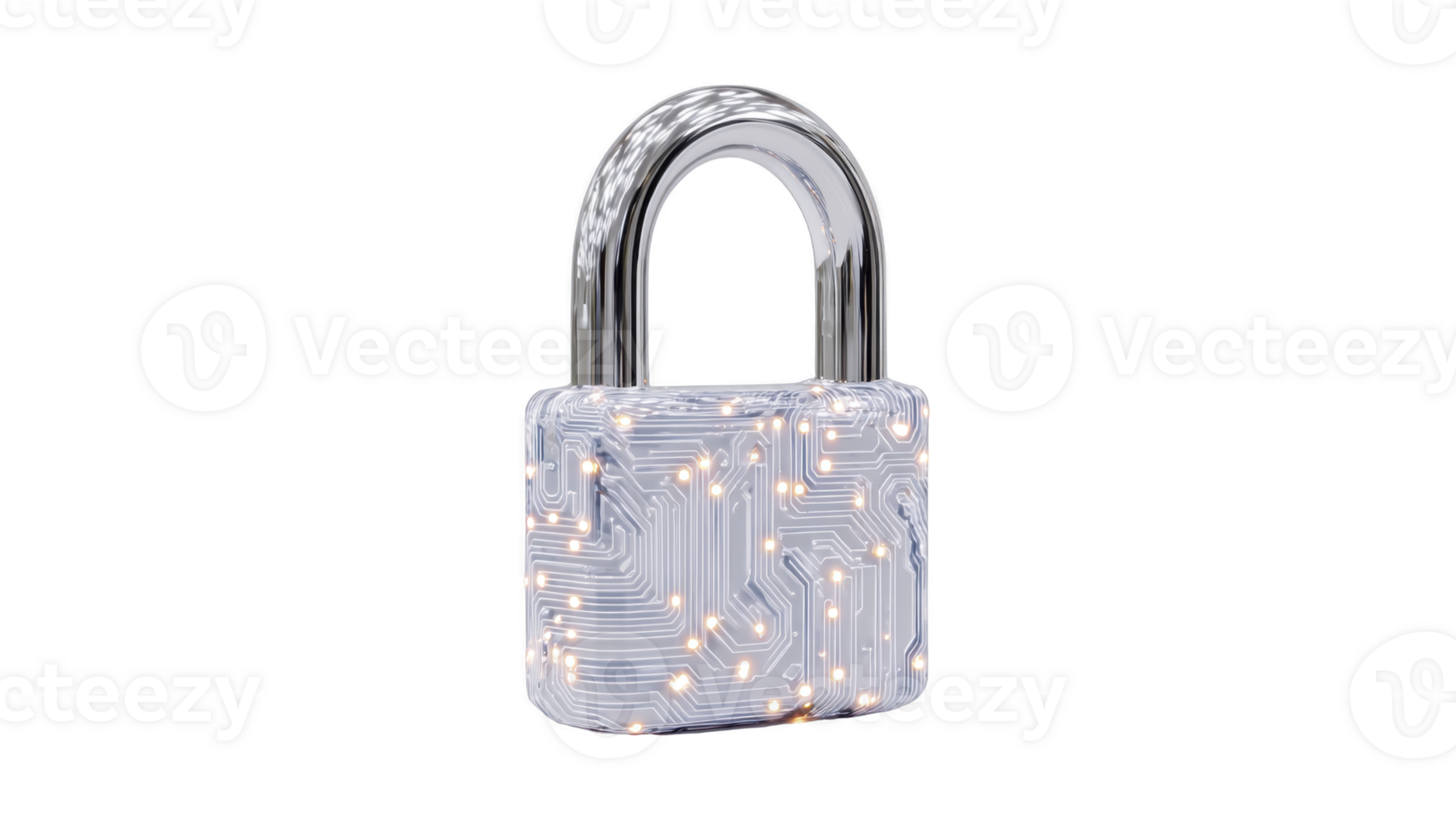 Digital padlock with circuit board design symbolizes cybersecurity and data protection. lock metallic finish and glowing circuit pattern convey futuristic and secure technology concept png