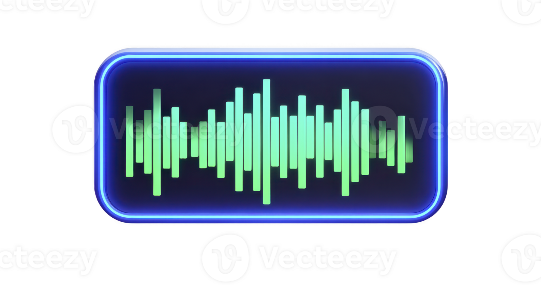 Glowing neon soundwave icon with blue border and green waveform transparency background, representing audio or music technology. vibrant colors and modern design convey sense of innovation png