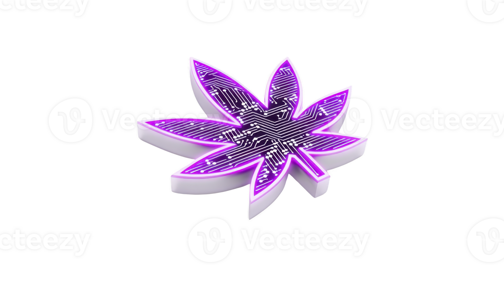 Glowing purple cannabis leaf with circuit board pattern symbolizes intersection of technology and nature. futuristic design highlights innovation in cannabis industry png
