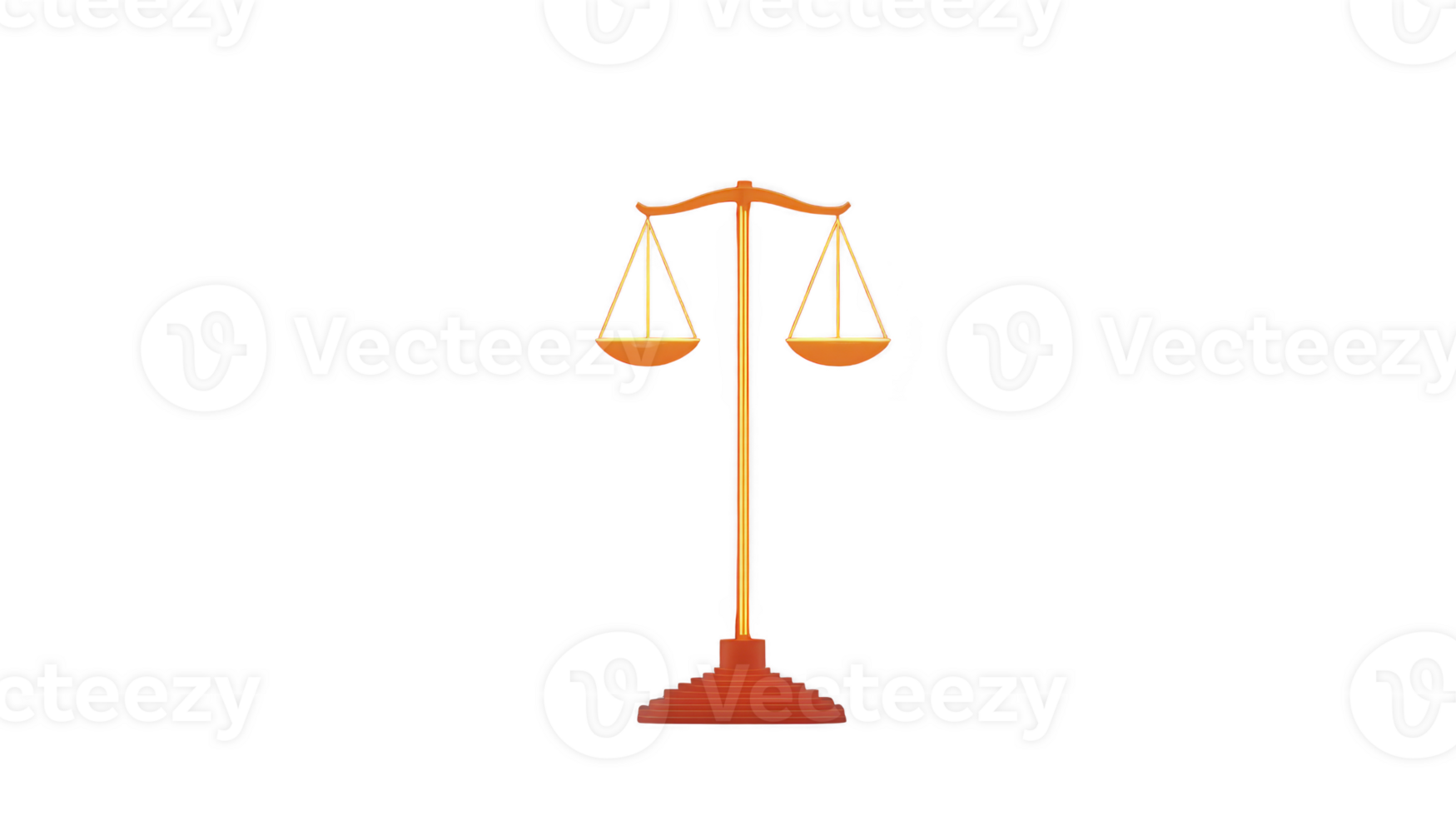 Balanced scale with wooden base symbolizes justice and fairness, featuring two golden pans suspended from central beam. image conveys sense of equilibrium and impartiality png