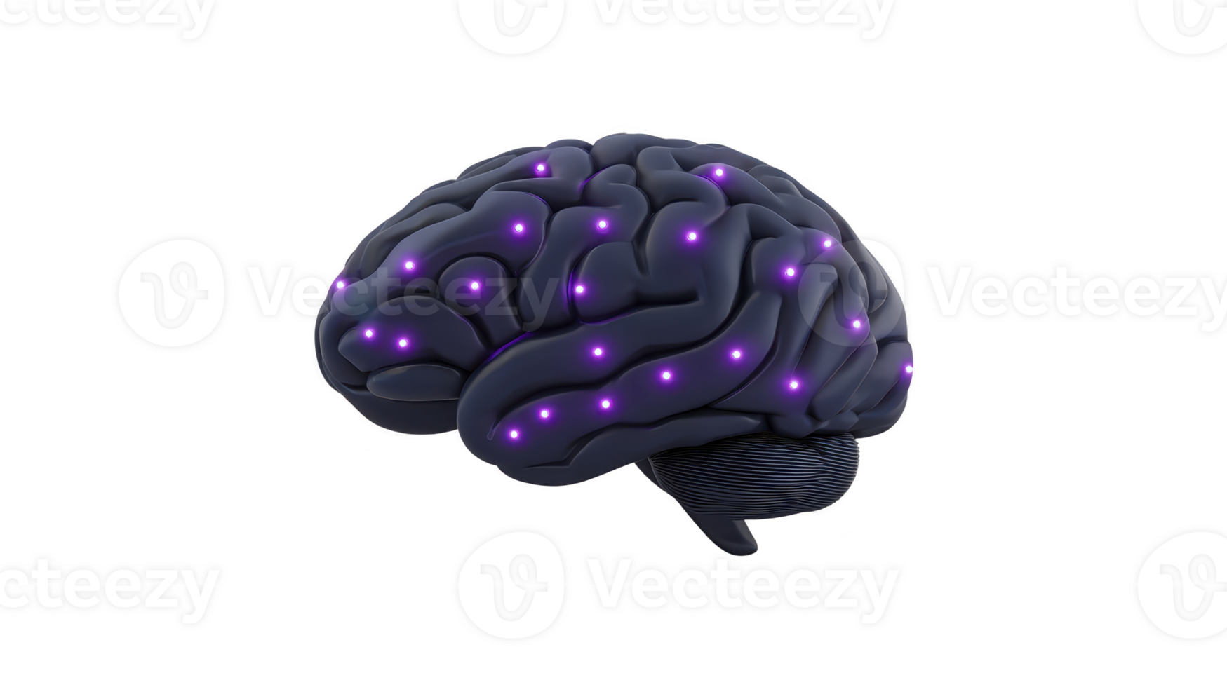Digital illustration of brain with glowing purple nodes represents neural activity and connectivity, symbolizing concepts of artificial intelligence and cognitive processes png