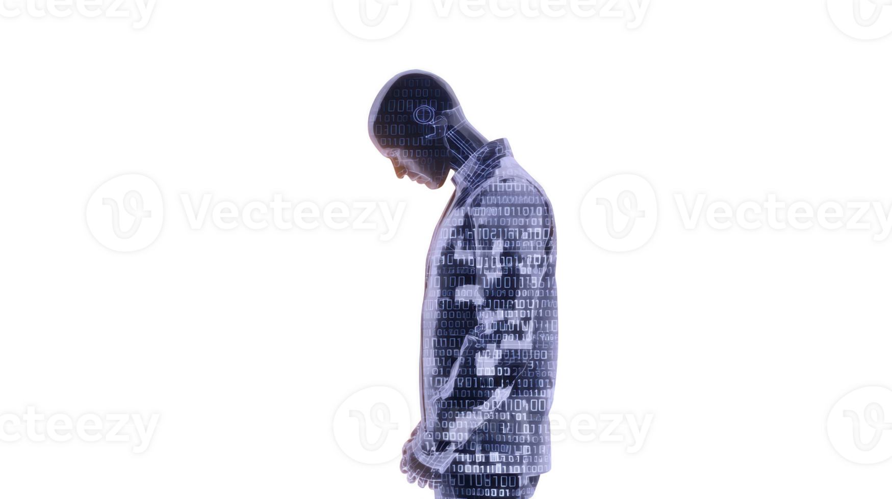 Digital silhouette of person with binary code overlay, symbolizing technology and data integration. image conveys futuristic and introspective mood, highlighting connection between humans png