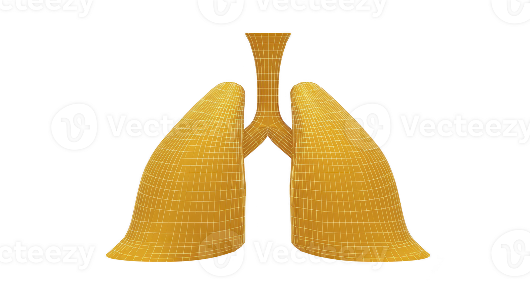 3D model of human lungs with wireframe overlay, showcasing anatomical structure and design. model is colored in yellow, highlighting bronchial tubes and lung lobes, ideal for educational purposes png