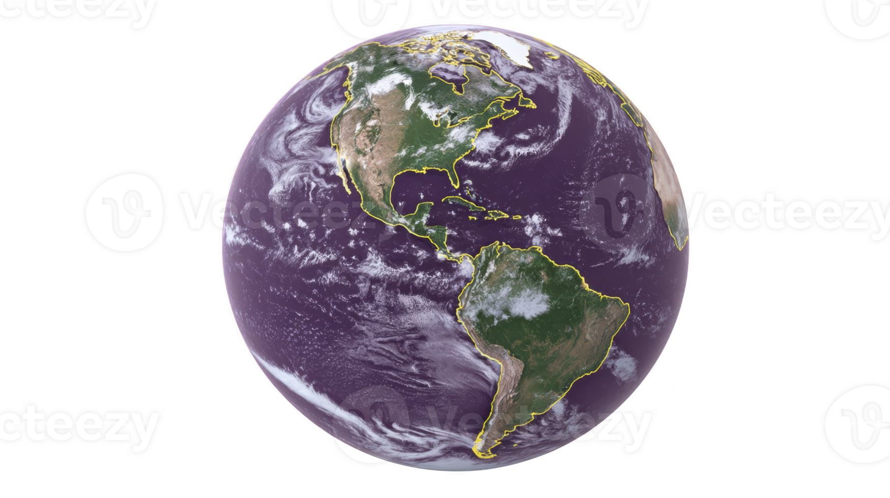 Image shows digitally rendered globe with focus on Americas, featuring purple ocean and green continents. view includes North and South America, with visible cloud patterns png