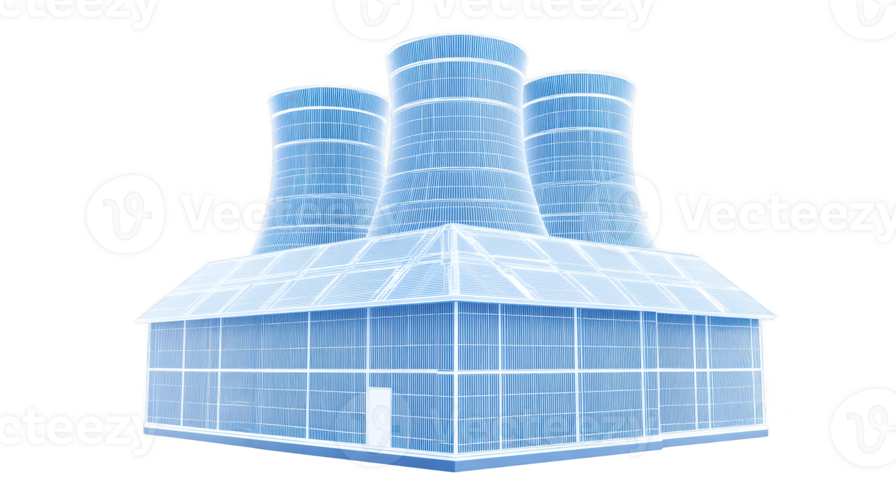 Digital illustration of futuristic industrial building with multiple cooling towers, featuring transparent, grid like structure. design suggests advanced technology and innovation png