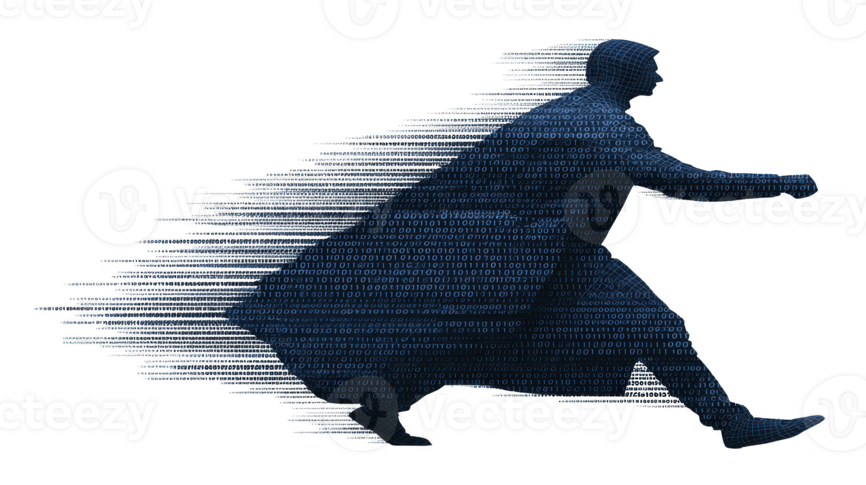Silhouette of person running with digital effect, resembling binary code, creates dynamic and futuristic impression. motion blur adds sense of speed and technology png