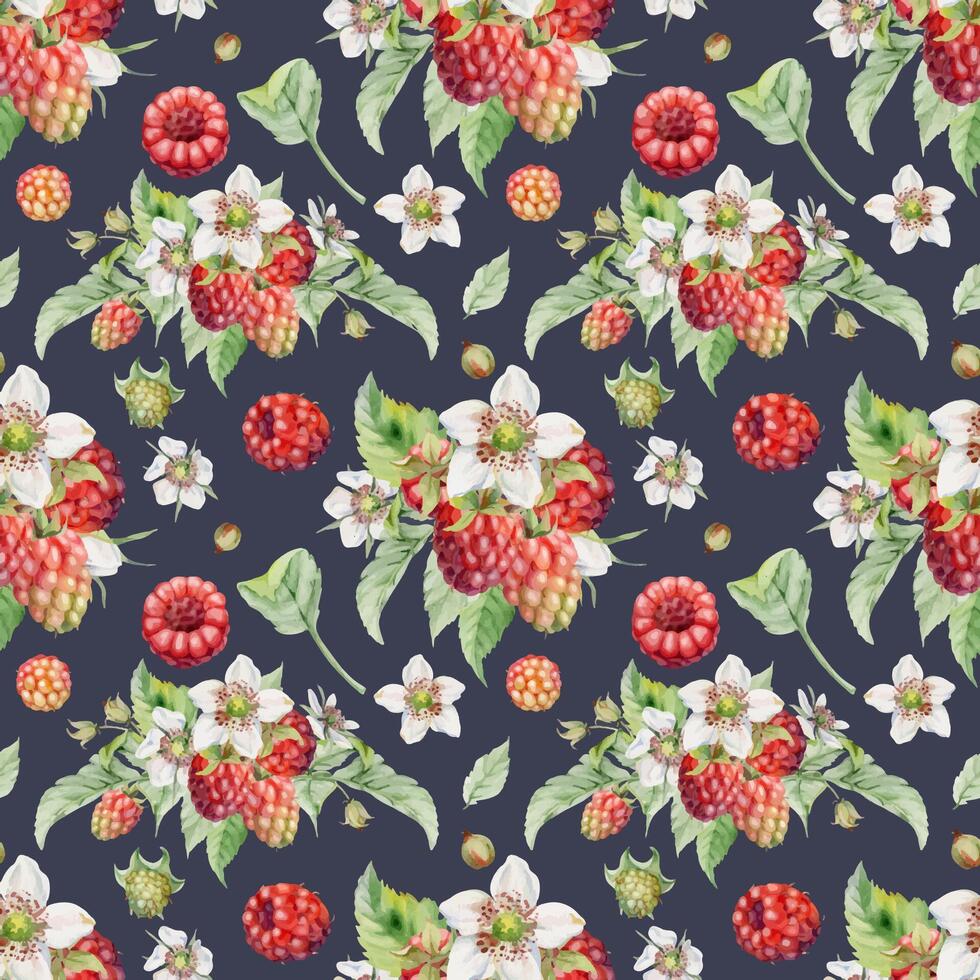 Floral pattern with raspberries and flowers vector
