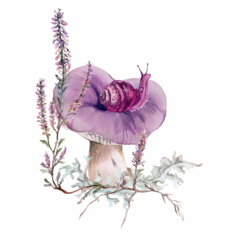 Russula webcap mushroom, snail on top, moss lichen growth, heather flowers. Forest floor habitat scene. Nature illustration hand drawn in watercolor. Gardening guides calendars, cards labels print art vector