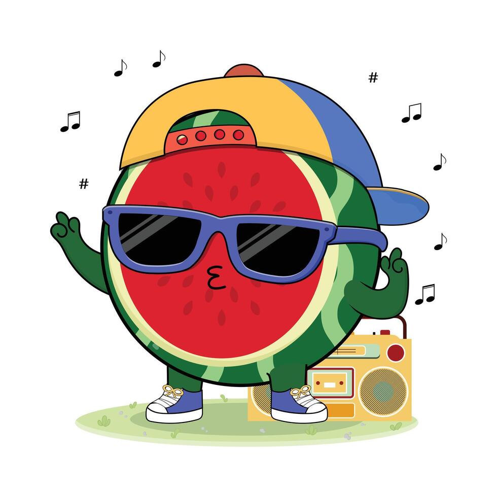 Cool And Cute Colorful Watermelon Fruit Cartoon Character Illustration Enjoying Music On The Radio vector