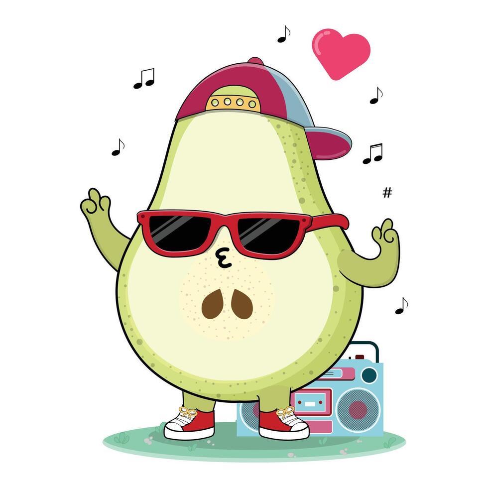 Cool And Cute Colorful Pear Fruit Cartoon Character Illustration Enjoying Music On The Radio vector