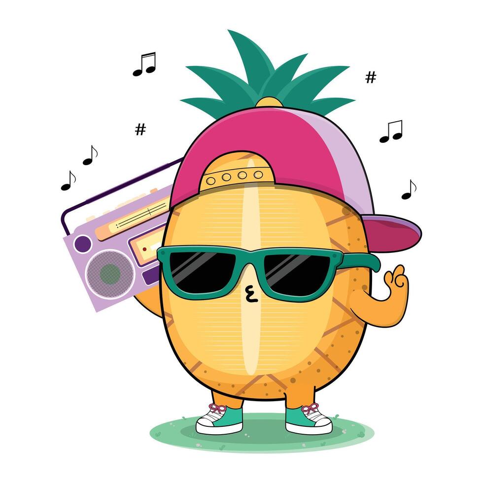 Cool And Cute Colorful Pineapple Fruit Cartoon Character Illustration Enjoying Music On The Radio vector