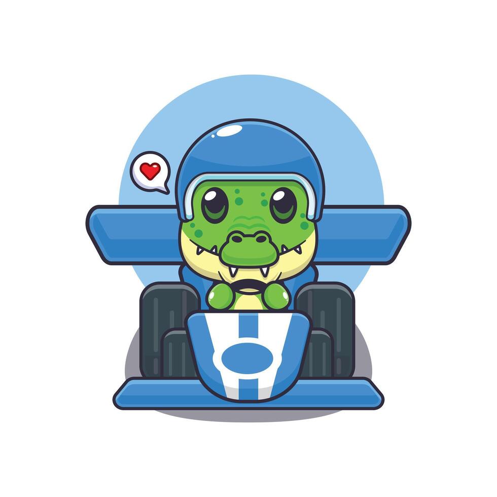 Cute crocodile mascot cartoon character illustration riding race car vector