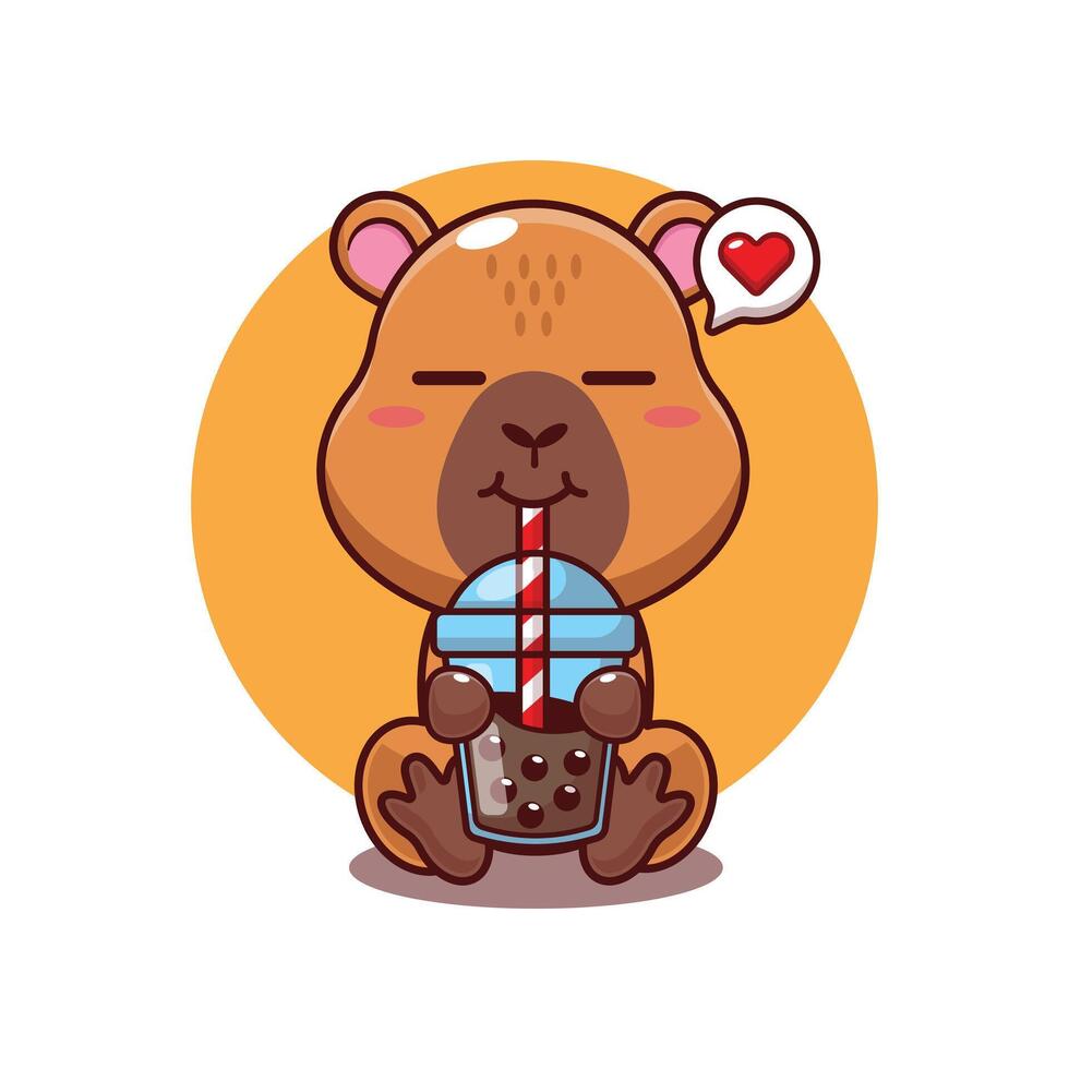 Cute capybara drink bubble milk tea cartoon illustration vector