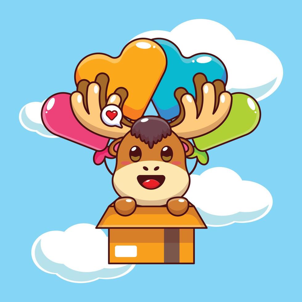 Cute moose mascot cartoon character illustration fly with balloons vector