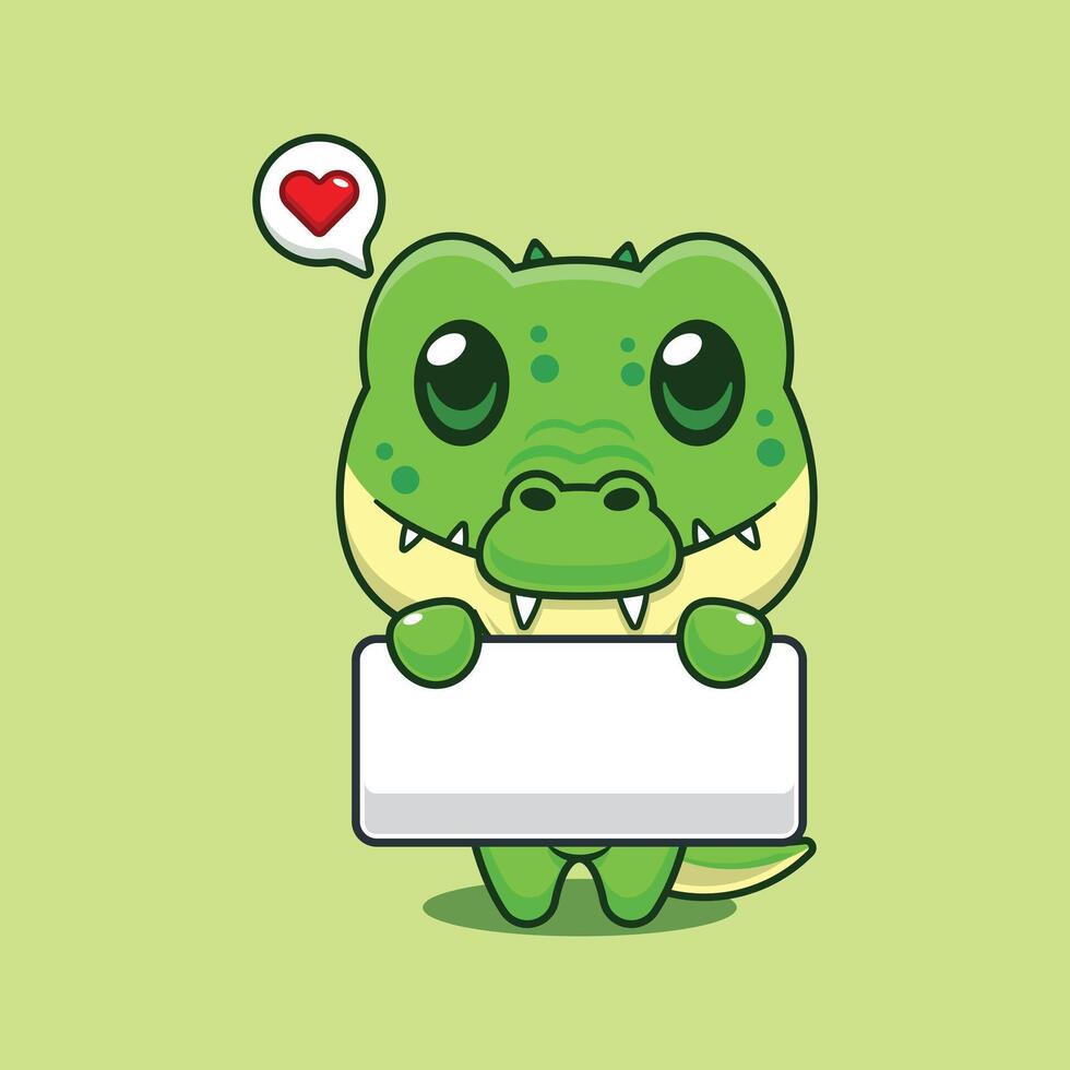 Cute crocodile holding greeting banner cartoon illustration vector
