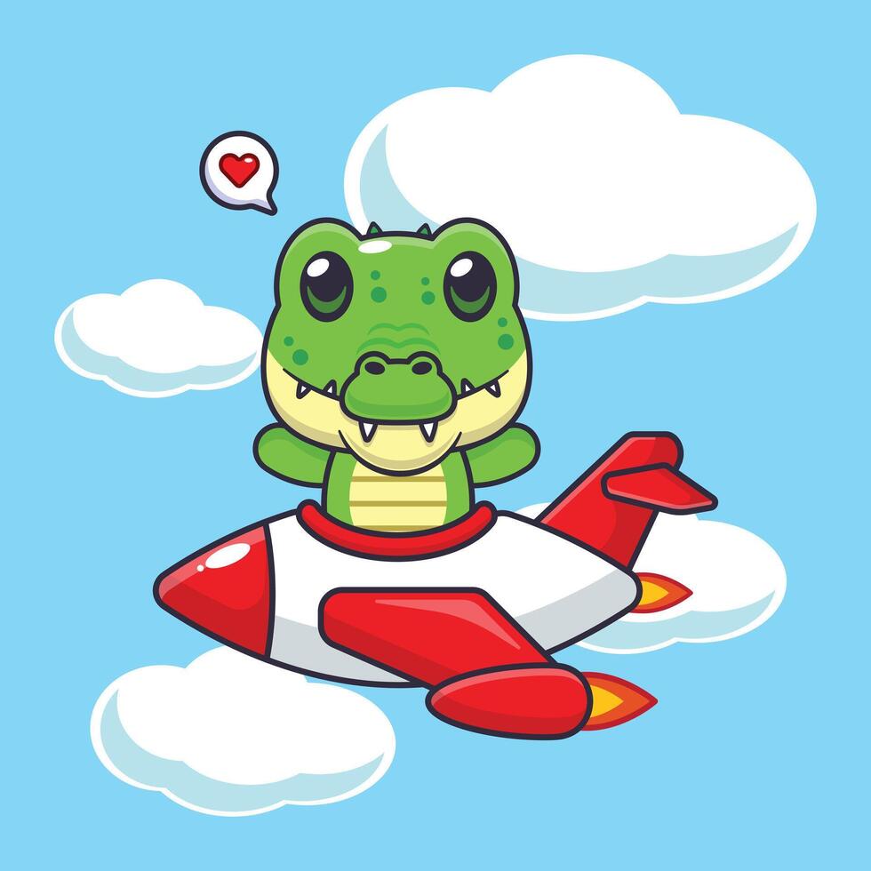 Cute crocodile mascot cartoon character illustration ride on plane jet vector