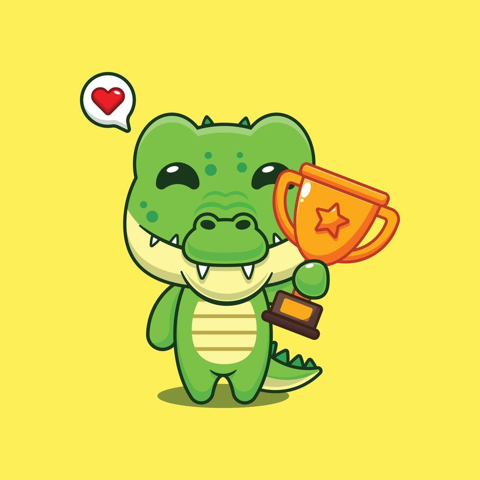 Cute crocodile holding gold trophy cup cartoon illustration vector