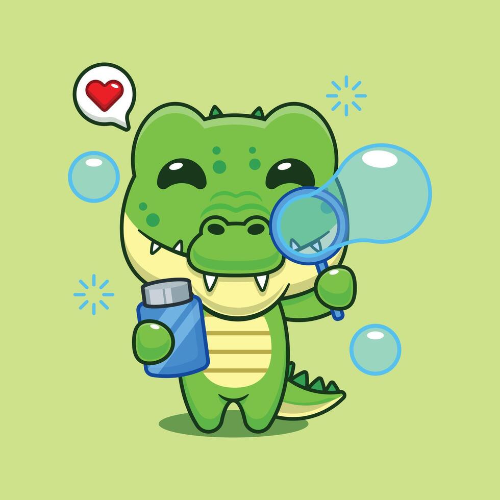 Cute crocodile blowing bubbles cartoon illustration vector
