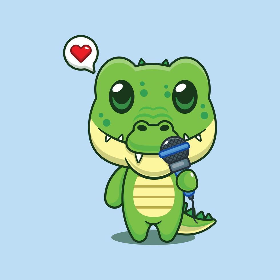 Cute crocodile holding microphone cartoon illustration vector