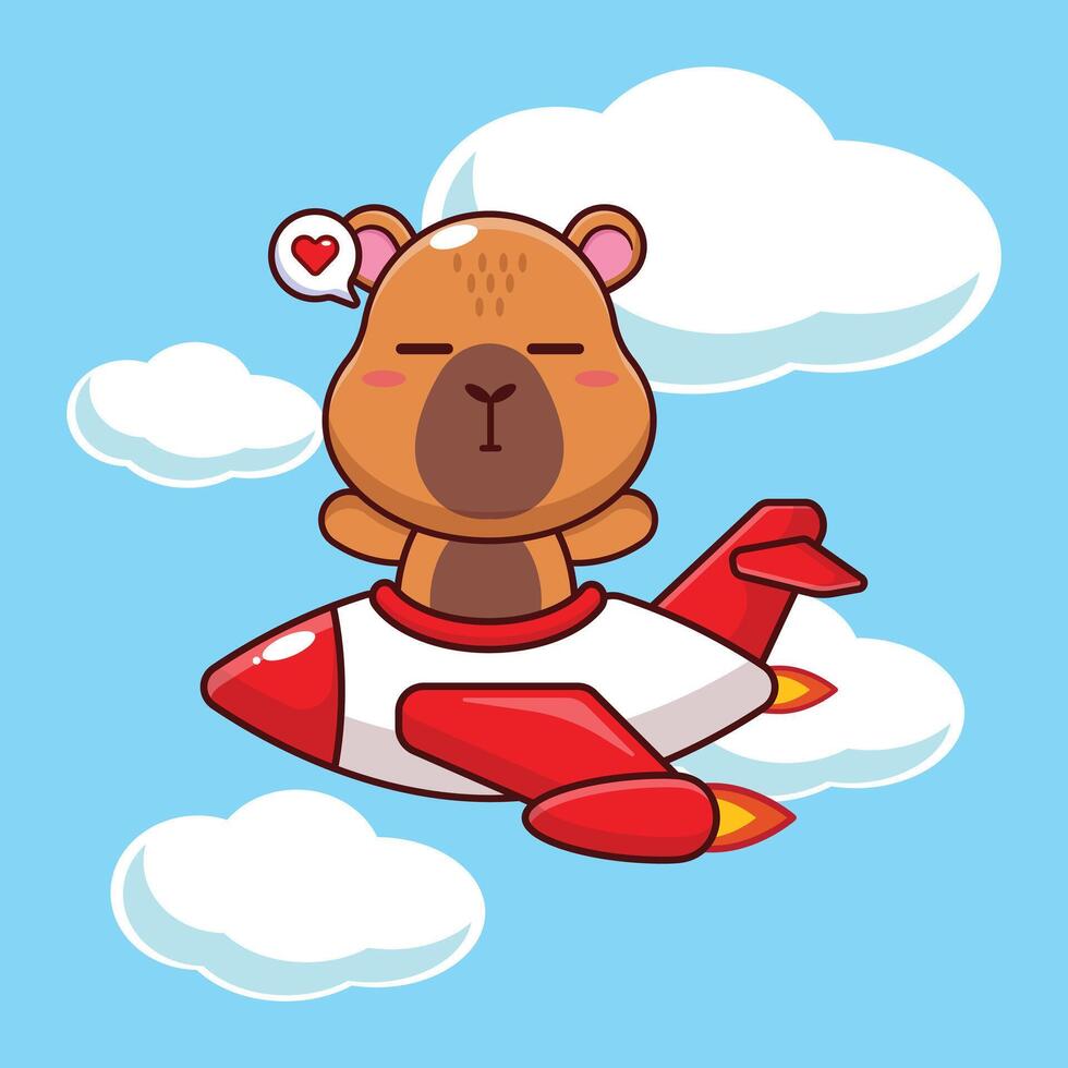 Cute capybara mascot cartoon character illustration ride on plane jet vector