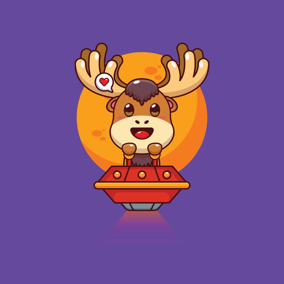Cute moose mascot cartoon character illustration fly with ufo vector