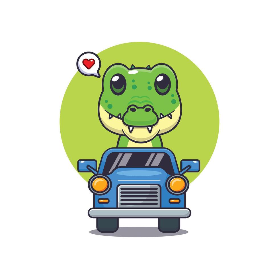Cute crocodile mascot cartoon character illustration ride on car vector