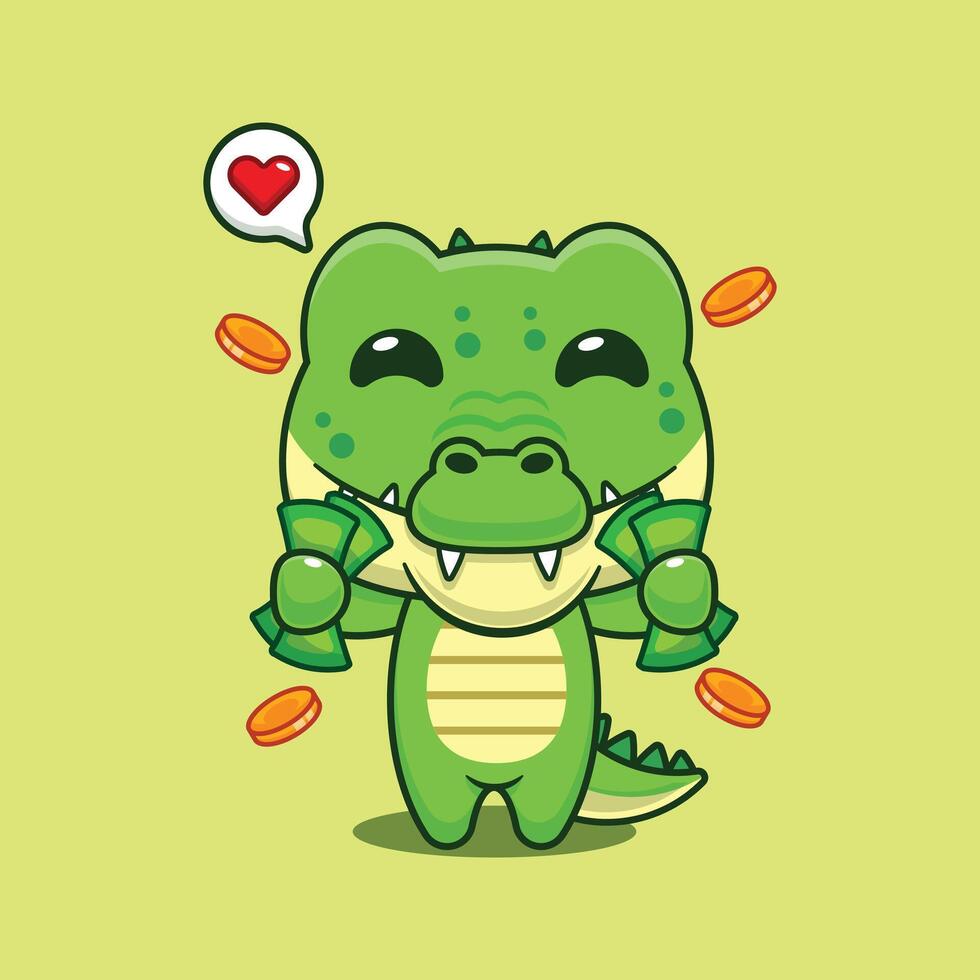 Cute crocodile holding money cartoon illustration vector