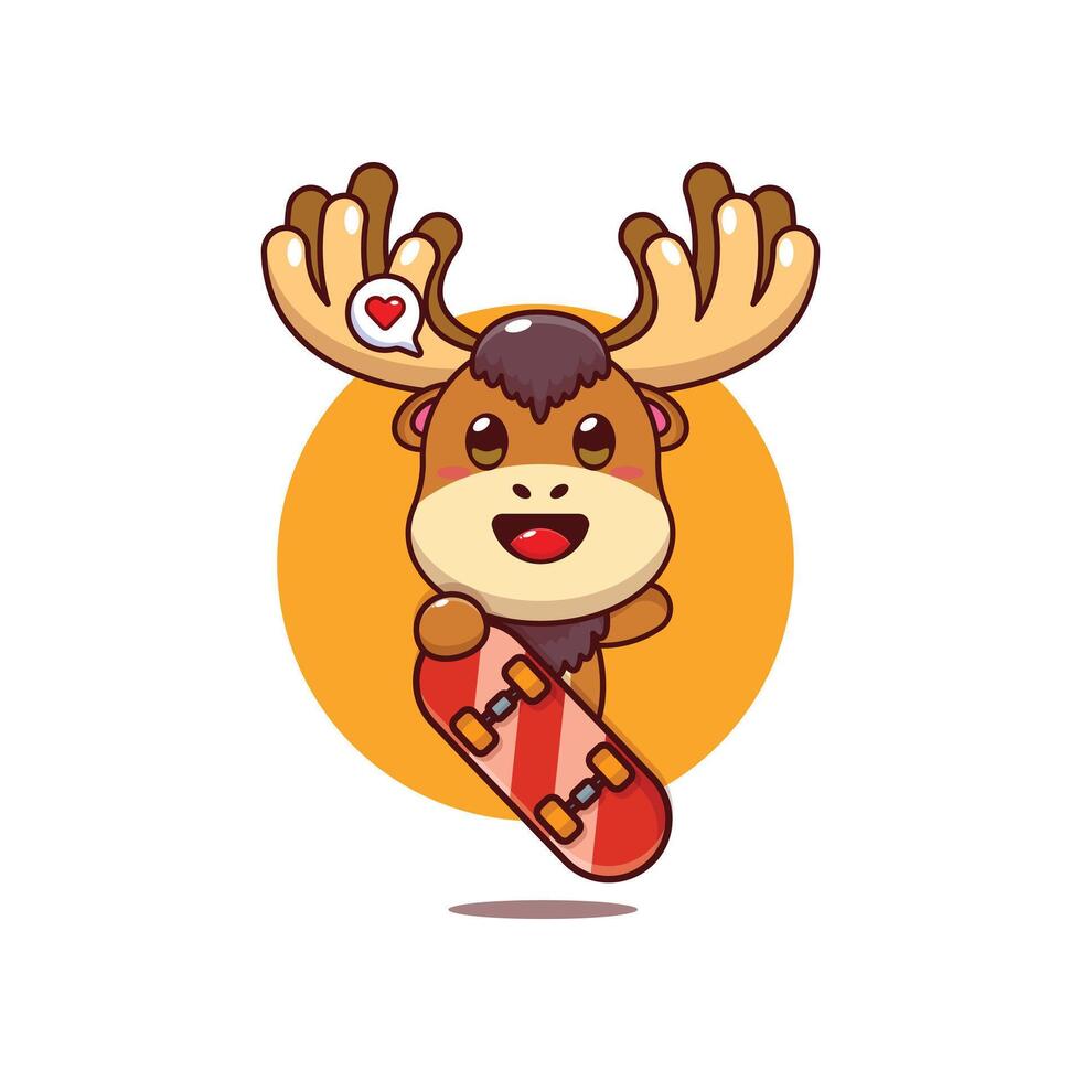 Cute moose mascot cartoon character illustration with skateboard vector