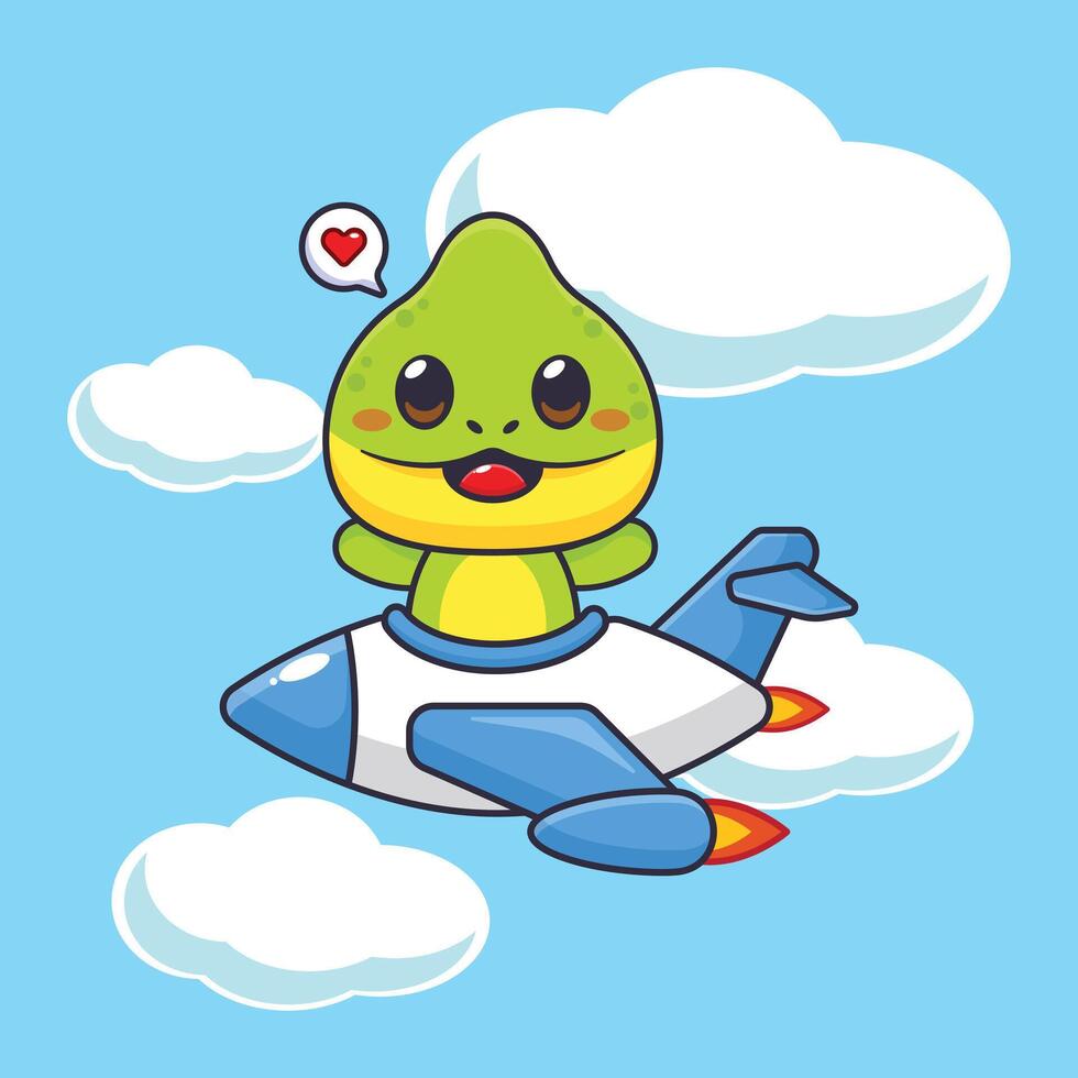 Cute chameleon mascot cartoon character illustration ride on plane jet vector