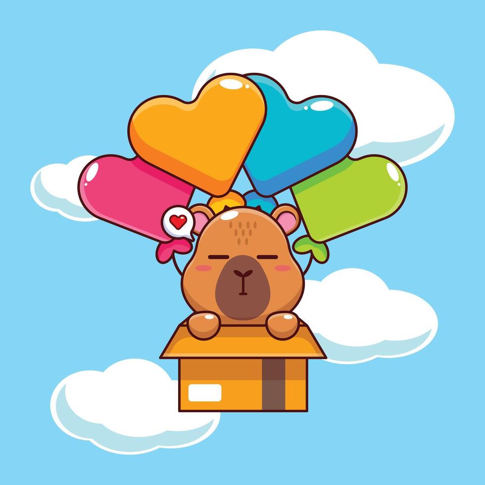 Cute capybara mascot cartoon character illustration fly with balloons vector