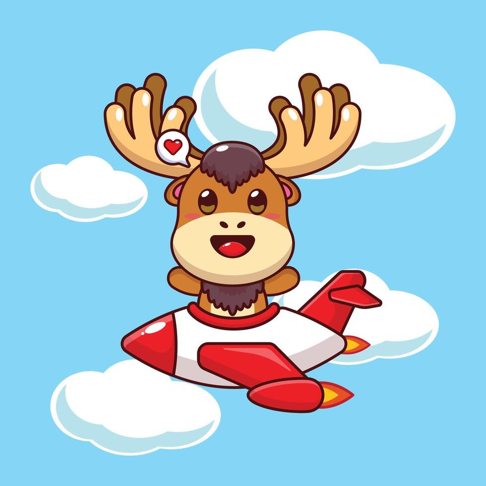 Cute moose mascot cartoon character illustration ride on plane jet vector
