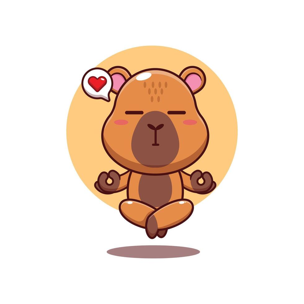 Cute capybara doing meditation yoga cartoon illustration vector