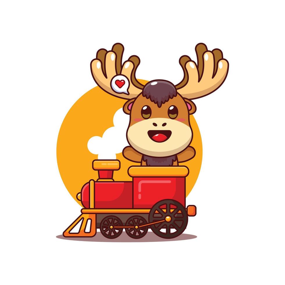 Cute moose mascot cartoon character illustration ride on train vector